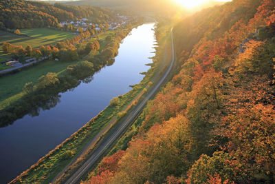 High angle view of weser river amidst trees during autumn