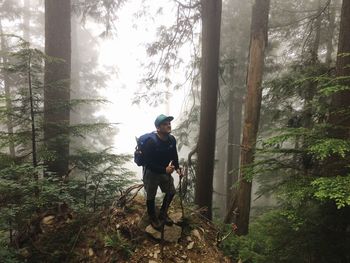 Male hiker hiking in forest during foggy weather