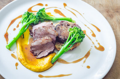 High angle view of meat served in plate