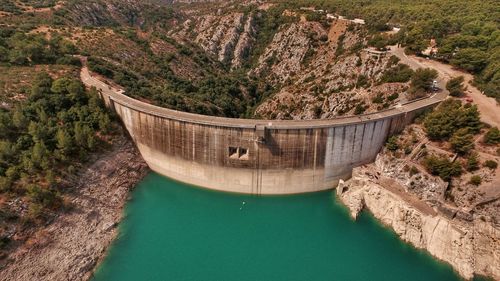 High angle view of dam by river