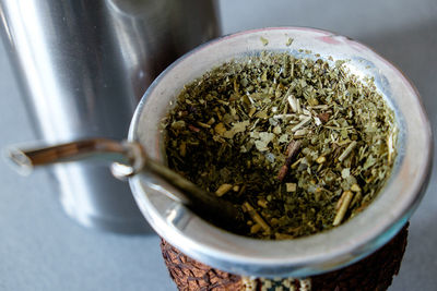 Close-up of tea leaves in bowl