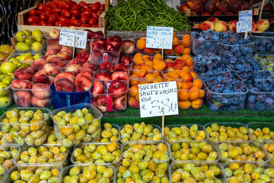 Peaches, grapes and other fruits for sale at a market