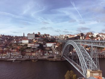 Bridge over river in city against sky