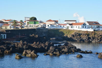 Townscape by sea against sky