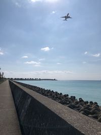 Airplane flying over sea against sky