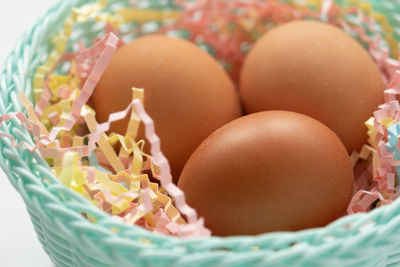 Close-up of easter eggs in carton