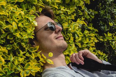 Portrait of a young man lying on a hedge