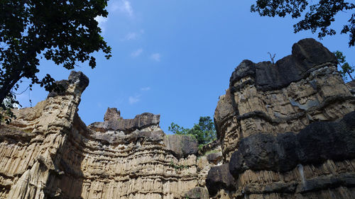 Low angle view of rock formation against sky