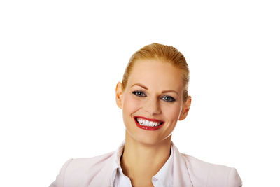 Portrait of a smiling young woman over white background