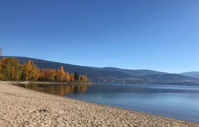 Scenic view of lake by mountains against clear blue sky