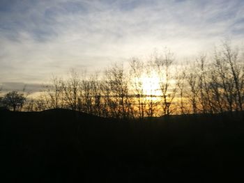 Silhouette of bare trees on landscape against sunset sky