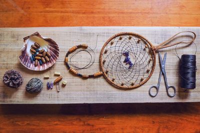 High angle view of objects on table