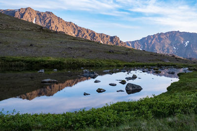 Scenic view of lake and mountains against sky