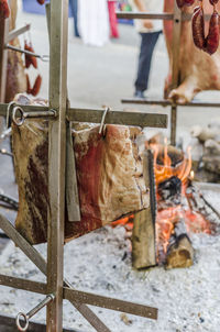Close-up of meat hanging at market
