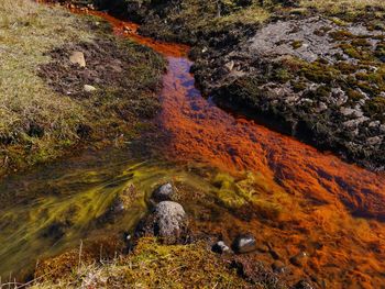 High angle view of stream flowing through rocks