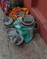 High angle view of wicker baskets