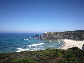 Scenic view of sea against clear blue sky