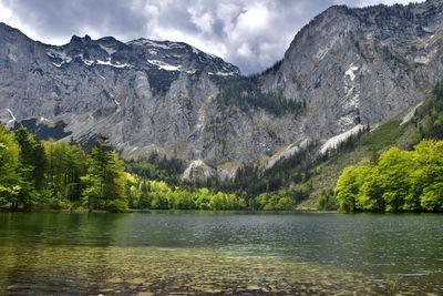 Scenic view of lake and mountains against sky