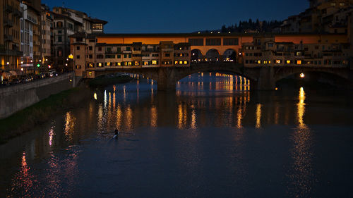 Illuminated bridge over river by buildings against sky at dusk