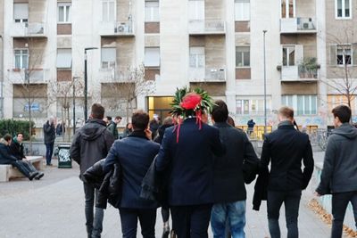 People walking on city street