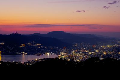 High angle view of illuminated city against sky at sunset