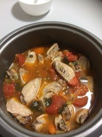 High angle view of soup in bowl on table