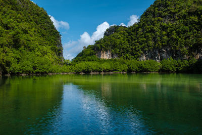 Scenic view of lake and mountains against sky