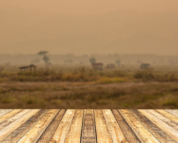 Old wooden table with blurred backgound for anydesign