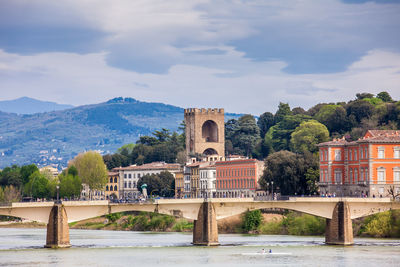 View of ponte alle grazie over the arno river and the city of florence