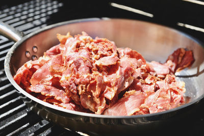 High angle view of meat in cooking pan