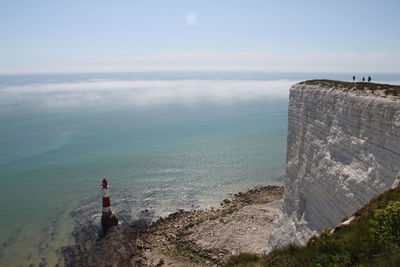 Lighthouse by sea against sky