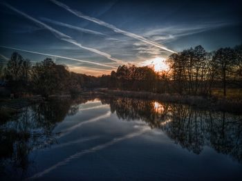 Scenic view of lake against sky during sunset