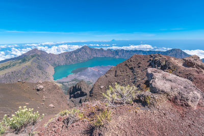 Scenic view of mountains against blue sky