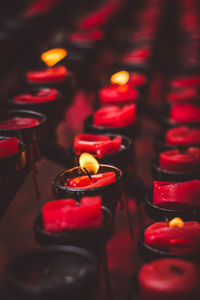 Close-up of lit candles in temple