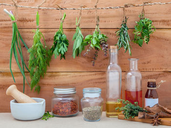 Close-up of various herbs and spices on table