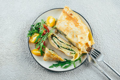 High angle view of food in plate on table