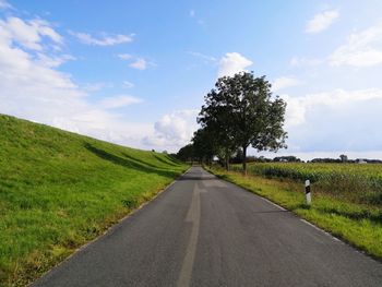 Empty road amidst field against sky