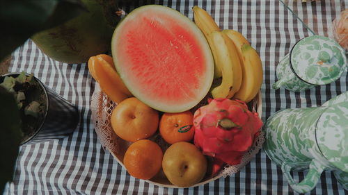 High angle view of fruits on table