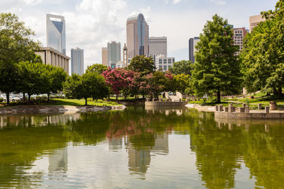 Trees by lake in park against buildings in city