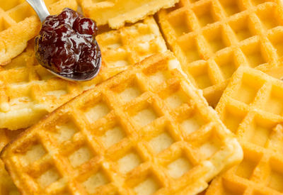 Close-up of waffles with jam