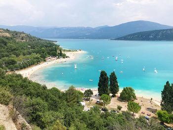 High angle view of bay against sky