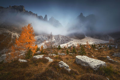 Scenic view of mountains against sky during winter