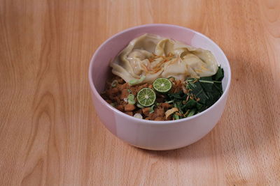 High angle view of food in bowl on table