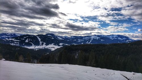 Scenic view of snow covered mountains against sky