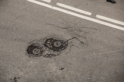 High angle view of zebra crossing on road