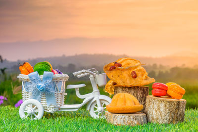 Stuffed toy in basket on table against sky during sunset