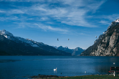 Scenic view of lake and mountains against sky