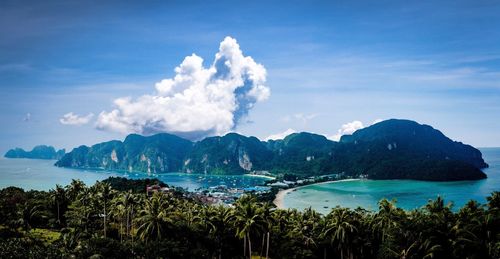 Scenic view of sea and mountains against sky