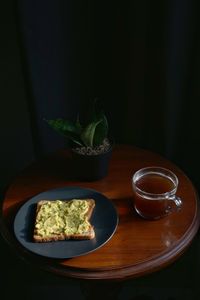 High angle view of breakfast served on table