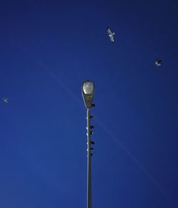 Low angle view of crane against clear blue sky